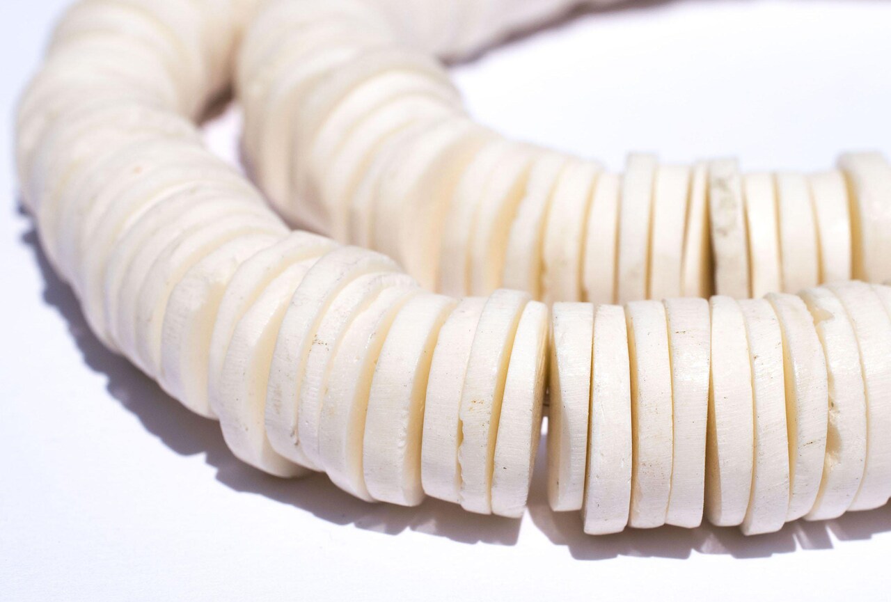 The Bead Chest White Coconut Bone Heishi Beads 16mm Kenya African 26 Inch Strand Handmade